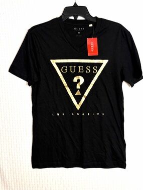 NEW Guess Taft V-Neck Graphic T-Shirt Black Gold Triangle Logo Embossed Mens XS